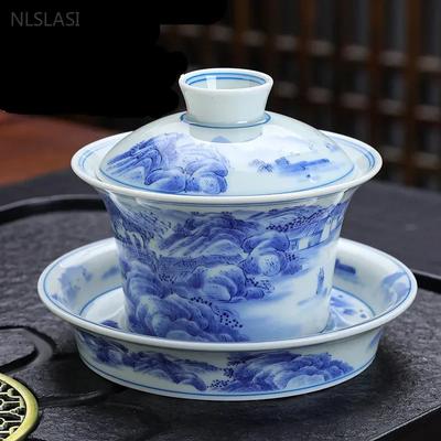 150ml Chinese Blue and White Porcelain Gaiwan Ceramic Landscape Painting Tea Maker Retro Tea Bowl with Cover Beauty Teacup