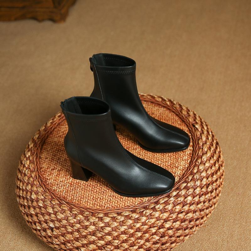 New women's boots high heel square head short boots Martin boots rear zipper short boots spring and autumn single boots women's thick heel boots
