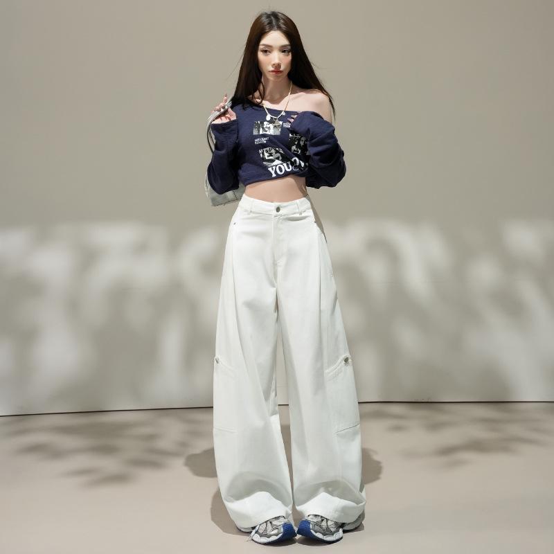 

Minghai 2026 Women s High-Waisted Slimming Cargo Pants - Loose, Wide-Leg, Black & White Straight-Leg Design. M