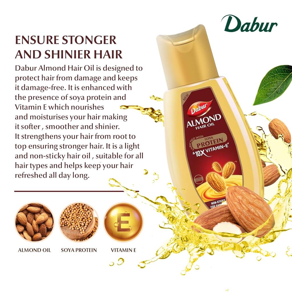 Dabur Almond Hair Oil 200ml With Vitamin E & Soya Protein For Strong, Smooth, Non-Sticky Nourished Hair Care