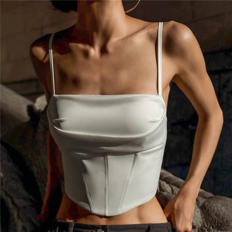 Bustier Blanc Satiné Sans Bretelles Corset Ajusté Camisole Crop Top pour Femmes