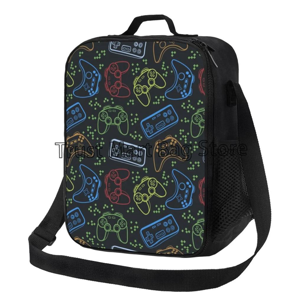 Colorful Video Game Lunch Bags Thermal Lunch Box Insulated Cooler Bag Reusable Tote Shoulder Bag for Outdoor Picnic Meal Office