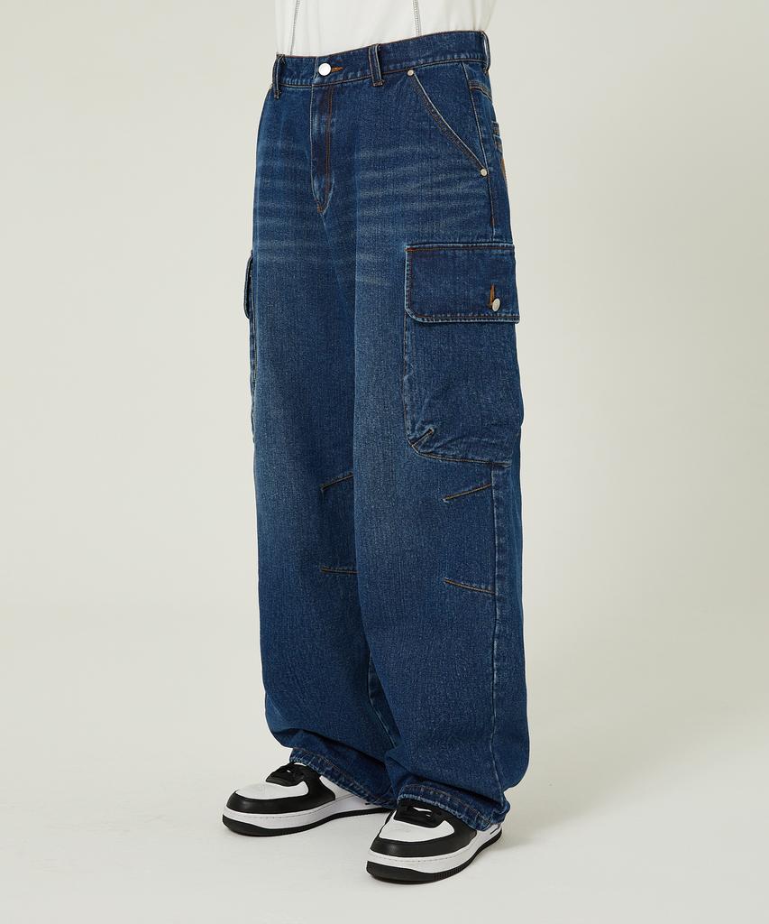 WAIKEI Parachute Cargo Washed Denim Pants Medium Blue