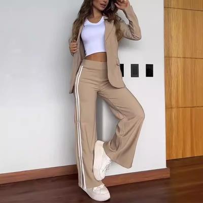 Women's Casual Khaki Suit Set with Wide Leg Pants