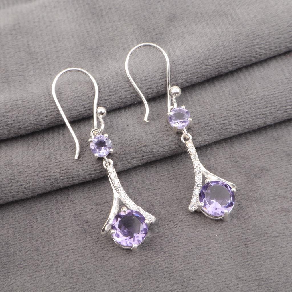 Purple Iolite Gemstone 925 Solid Silver Jewelry Partywear Zircon Earrings 1.84" CZE-9-11
