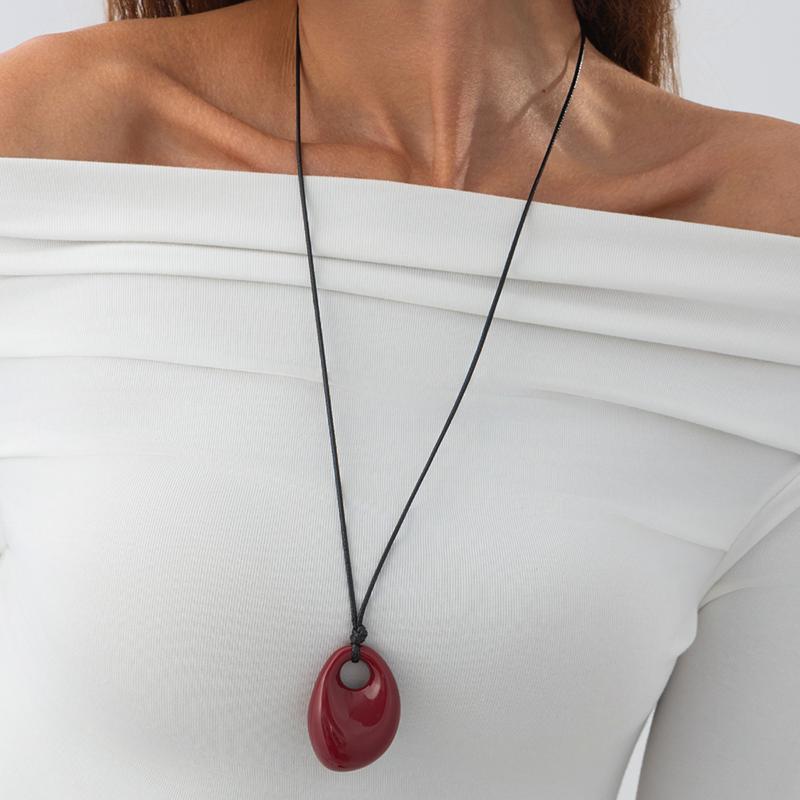 4 Colors Minimalist Wine Red Black Acrylic Long Pendant Necklace For Women Vintage Leather Rope Chain Sweater Chain New