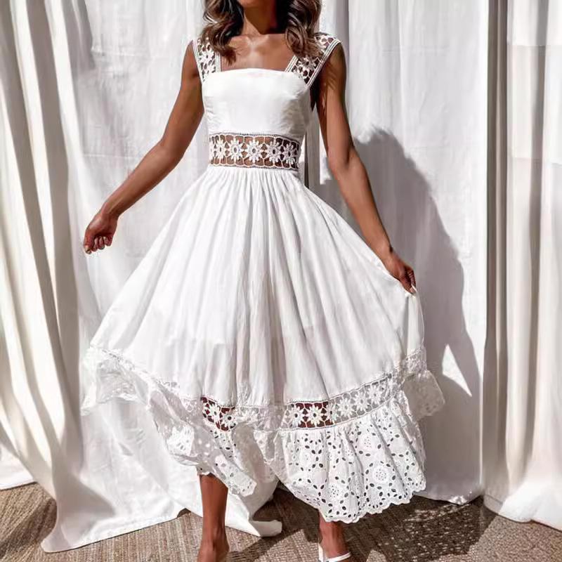 New European and American Fashion Lace Sleeveless Splicing Pendulum Long Dress Dress