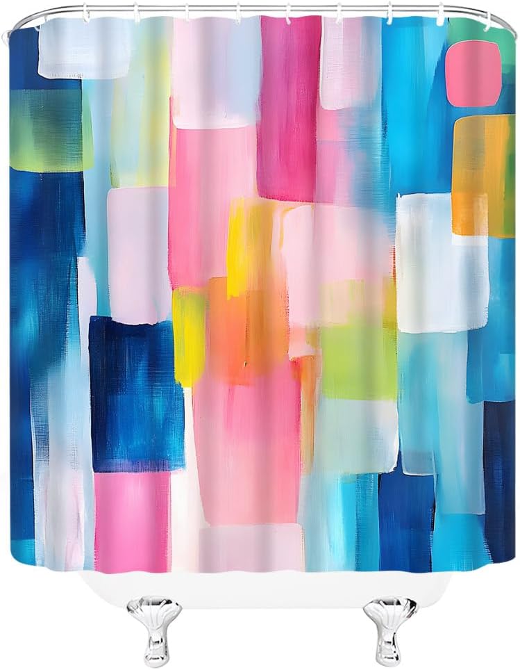 Abstract Shower Curtain Pink Blue Teal Geometric Modern Colorful Aesthetic Minimalist Bathroom Decor Curtains Set with Hooks,