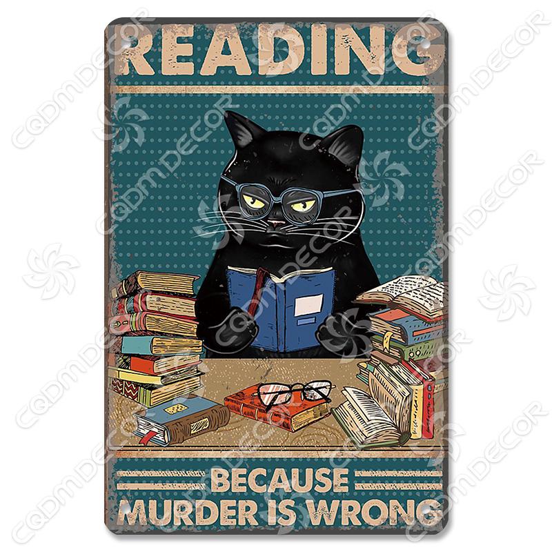 Black Cat Tin Sign Metal Plaque Read Books Drink Wine Pet Metal Poster Vintage Wall Decor for Coffee Shop Kitchen Bathroom Home