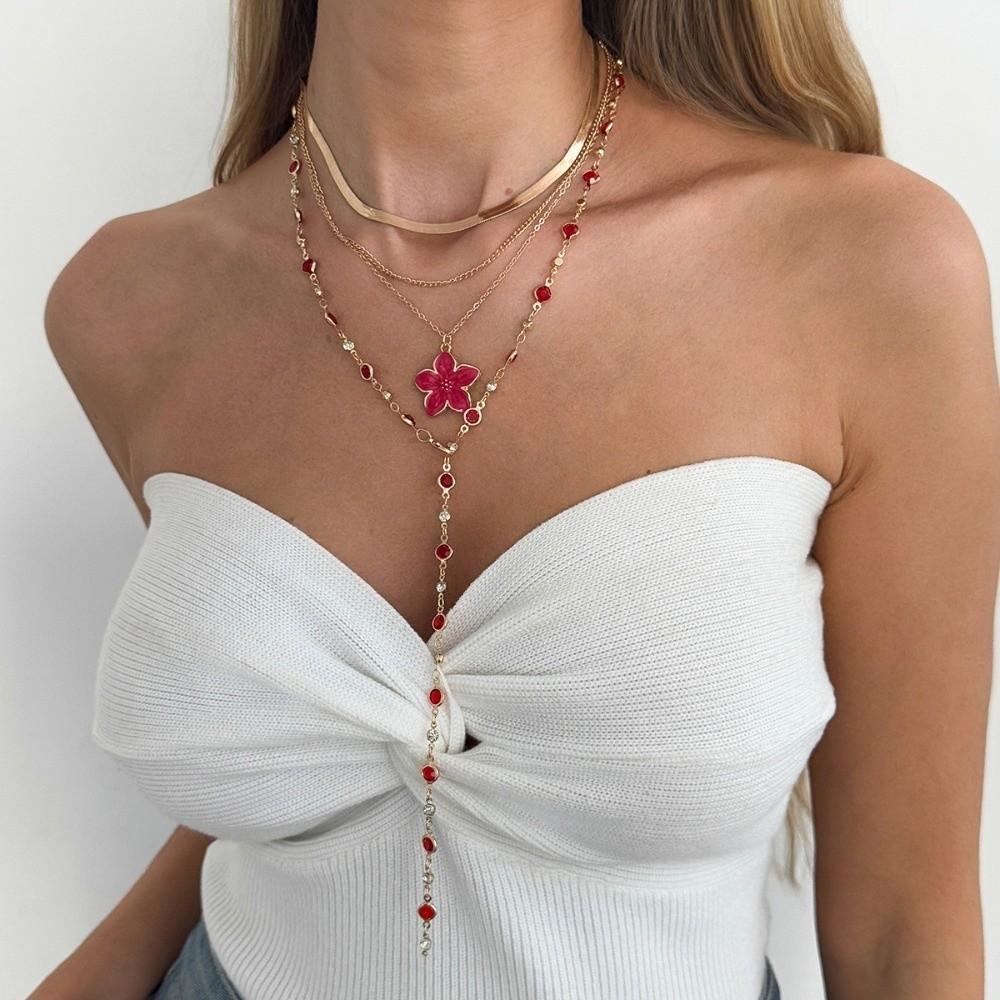 Drip Oil Metal Stacked Necklace Flower Pendant Multi Layered Cross Necklace Set Y-shaped Necklace Snake Bone Chain