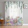 Happy Easter Curtains Bedroom Living Room Festival Decor Flower Bicycle Cartoon Rabbit Tulle Curtain Window Drapes Light Filtering Polyester Ideal For