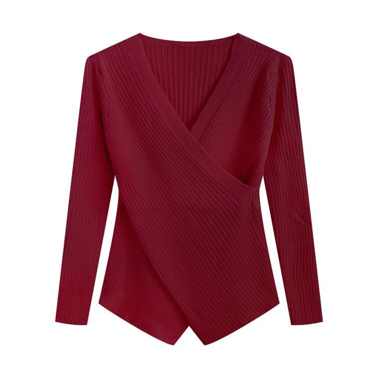 Women's V-Neck Irregular Knit Long Sleeve Sweater - Slimming Autumn Fashion Top