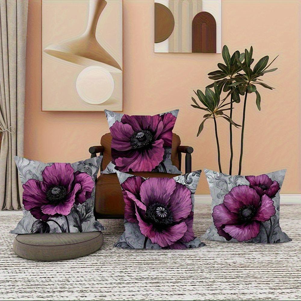 Gray and Purple Flowers Digital Printing Pillow Cover Short Plush Suitable Living Rooms Bedrooms Sofas Throw Cushion Cover 4pcs