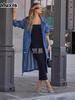 New In Autumn Winter Women's Denim Cotton Solid Color Double Pocket Long Sleeve Loose Tie Closure Coat