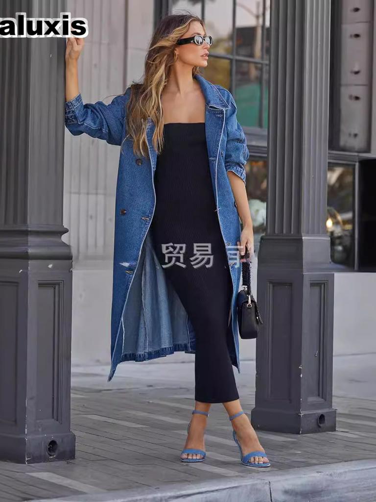 New In Autumn Winter Women's Denim Cotton Solid Color Double Pocket Long Sleeve Loose Tie Closure Coat