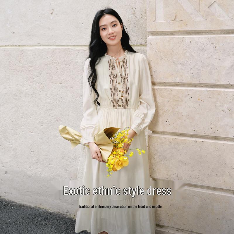Xiangying Women's Ethnic Embroidered Tie-Neck Dress