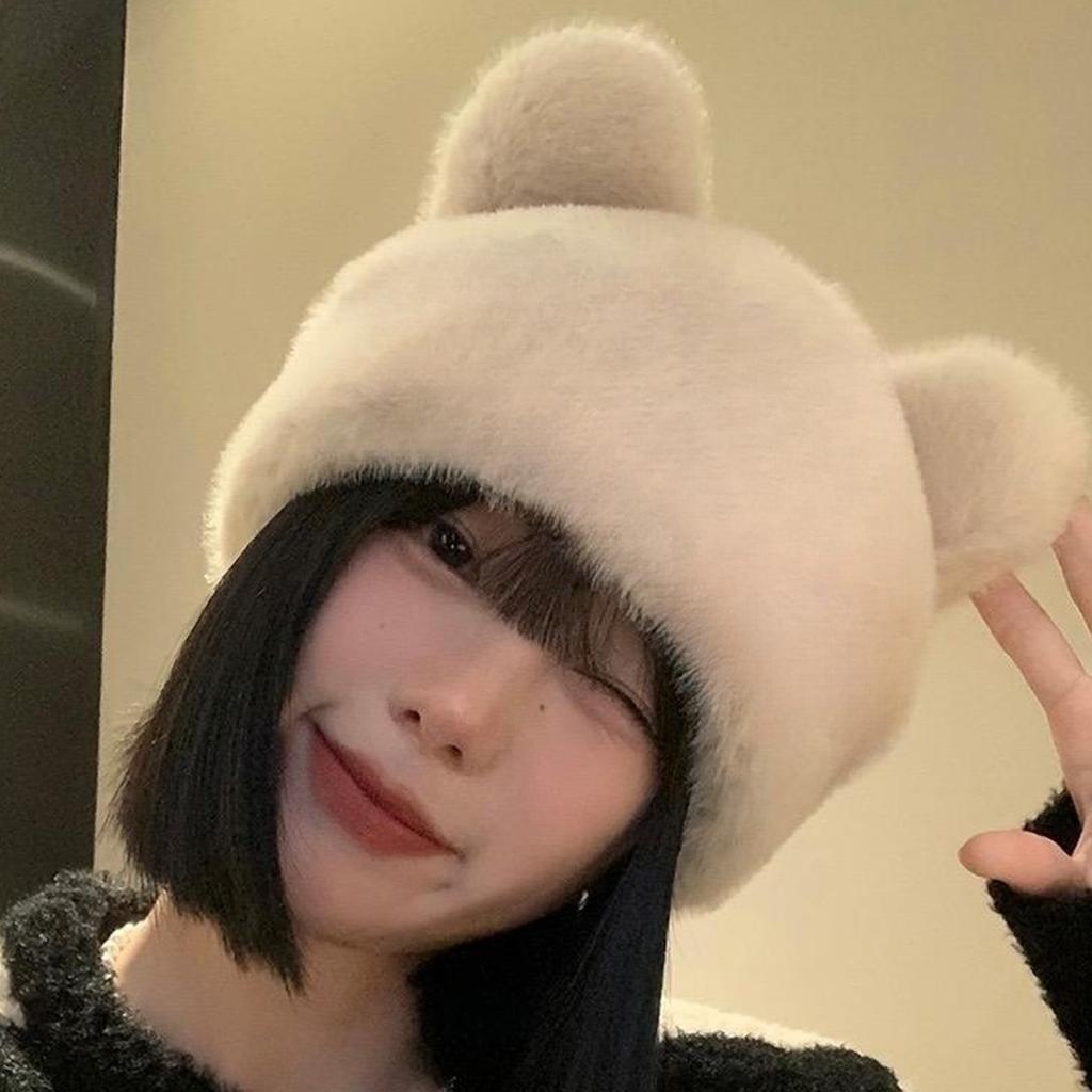 Cartoon Bear Plush Hat for Winter Lovely Animal Ear Warm Beanie Hat for Teens Adult Outdoor Sport Activity Skiing Hat