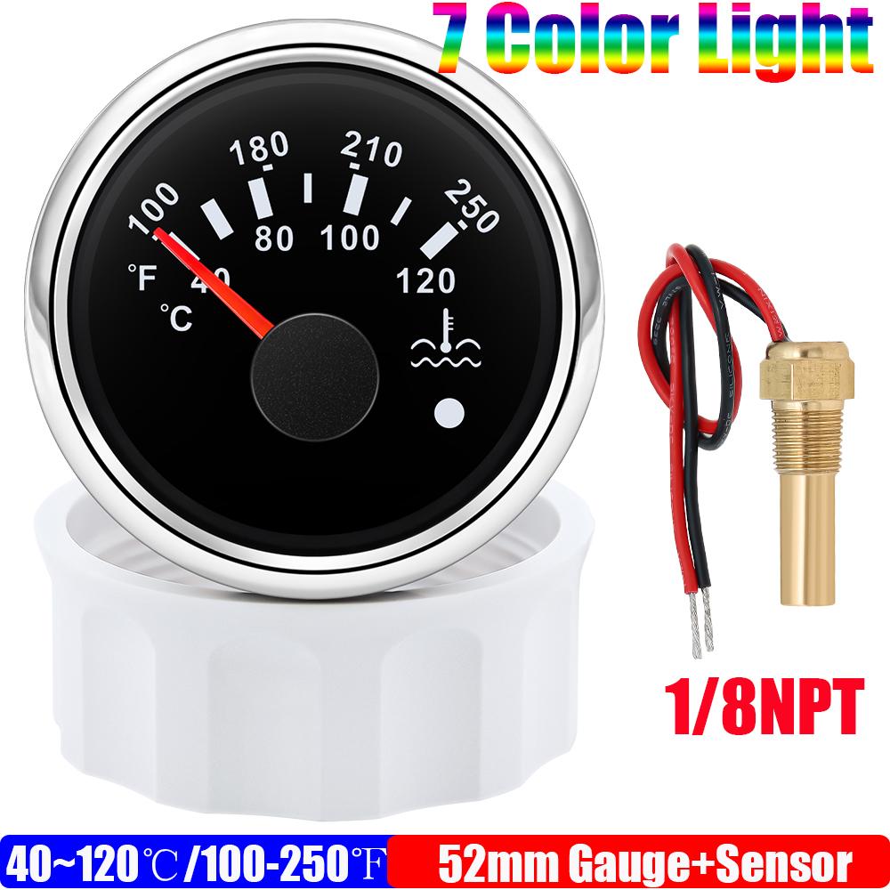 40~120℃,100~250℉ 52mm Water Temp Gauge+Sensor 1/8NPT 7 Color LED Water Temperature Meter Alarm Auto Car Marine Boat Motor 12V24V