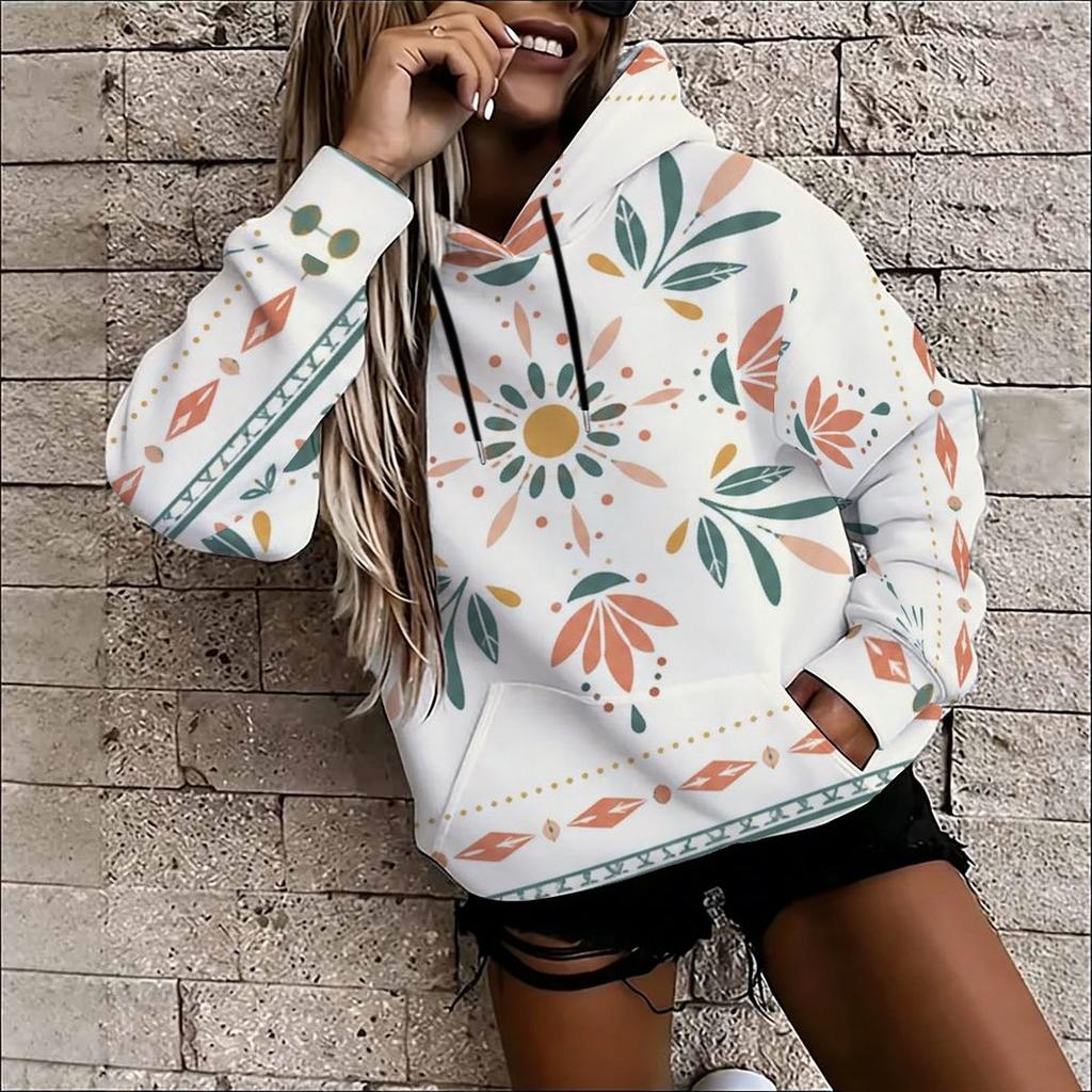 Women Plus Size Black Paisley Printed Long Sleeve Drawstring Hoodie With Kangaroo Pocket