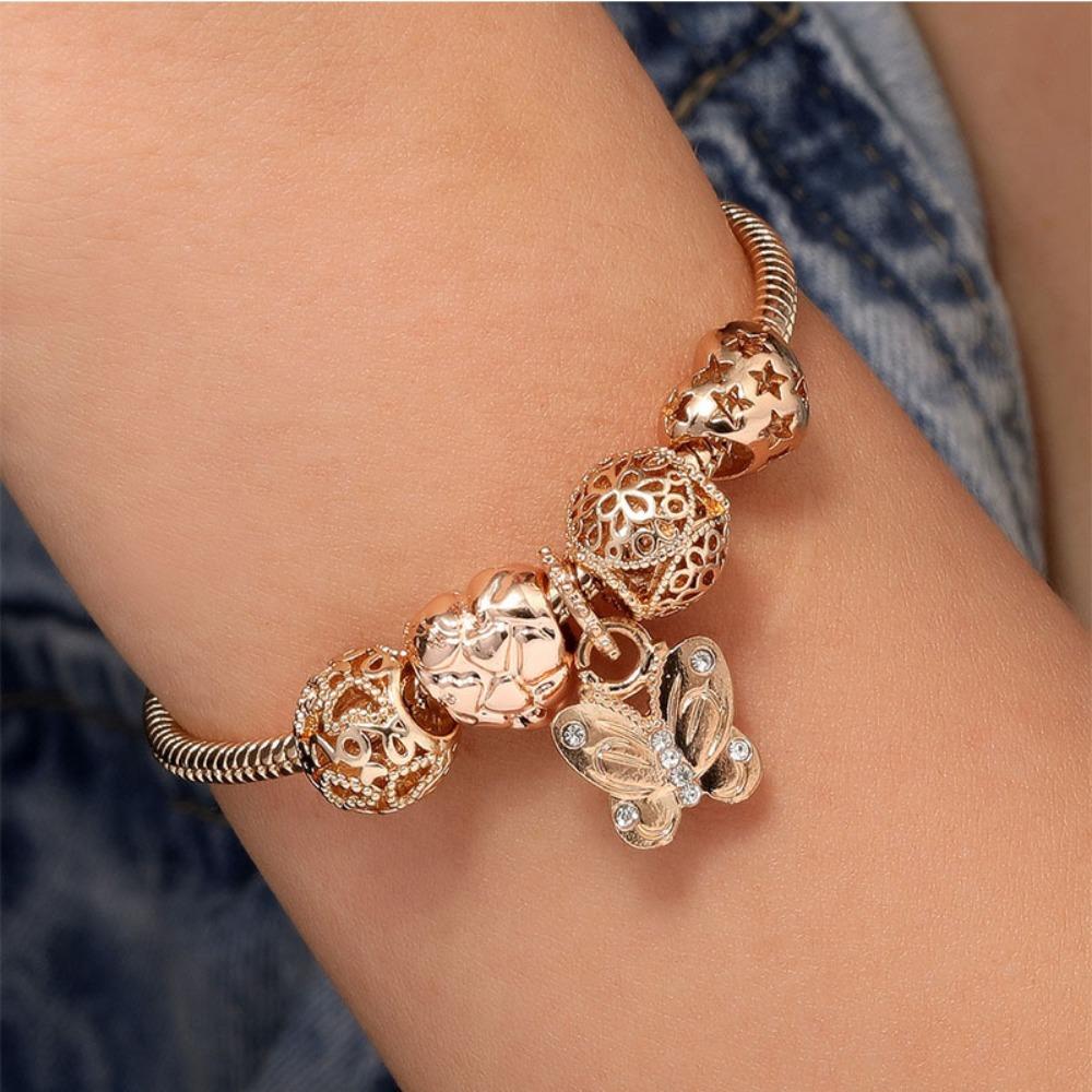 Adjustable Beaded Alloy Heart Butterfly Charm Copper Bracelet with Sticky Diamonds