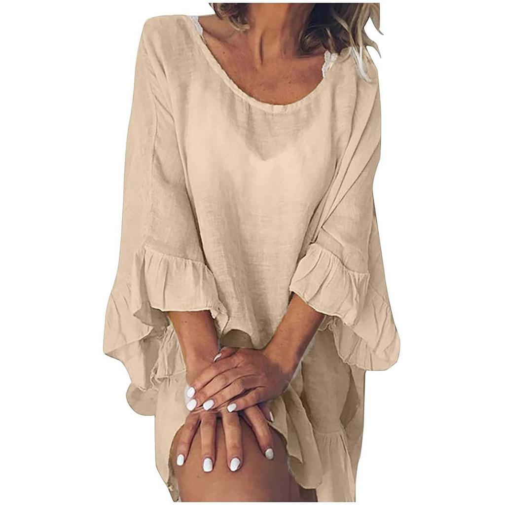 فستان نسائي أنيق بلون سادة وأكمام مكشكشة من القطن والكتان بلون سادة