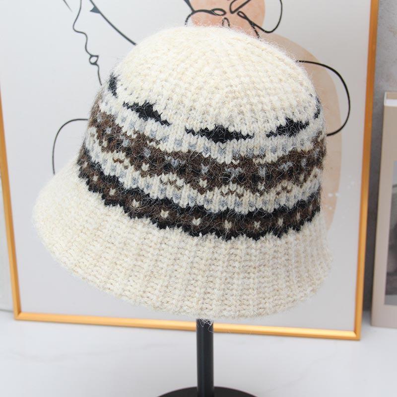 Vintage Fair Island jacquard knitted bucket hat women's autumn and winter plush warm bucket hat literary short brim basin hat