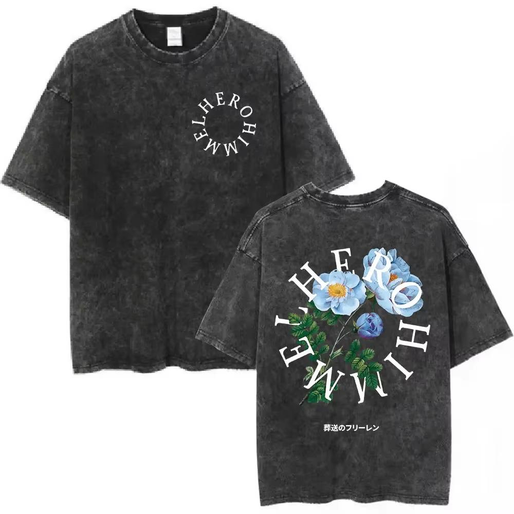 Hot Sale Anime Frieren Beyond Journey's End Vintage Washed T-shirt Men's Women Clothing Fashion Short Sleeve Trendy Streetwear for Daily Looks
