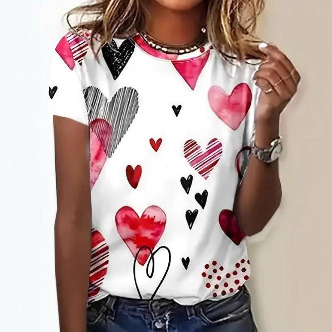 Summer Round Neck 3D Love Pattern Print Top Fashionable Casual Short Sleeved Women's T-shirts