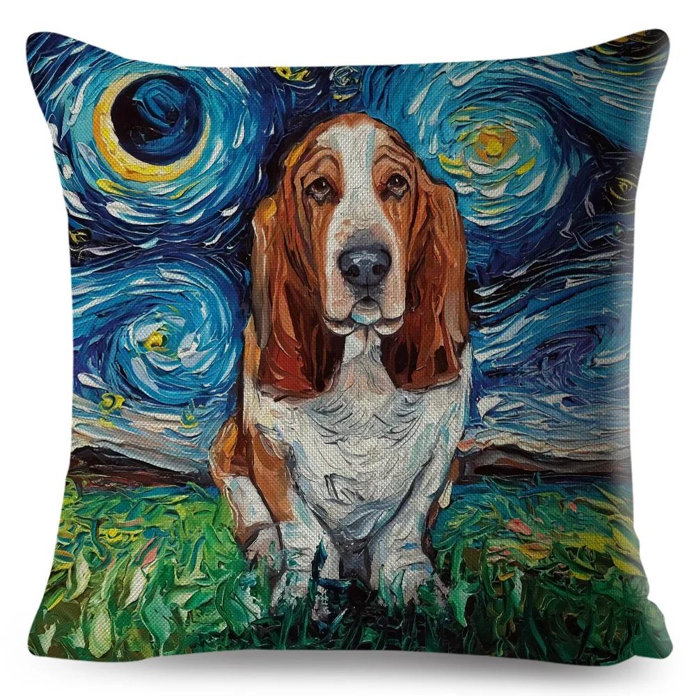 Both Sided Starry Sky Dog Cushion Cover Decor Oil Painting Cartoon Pet Animal Pillow Case for Sofa Home  Linen Pillowcase