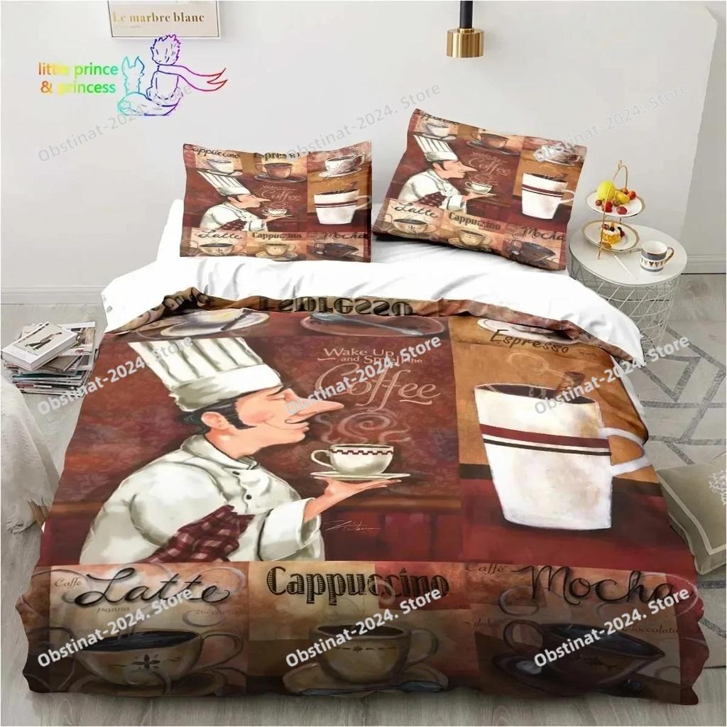 Coffee Pattern Bedding Set Printed Duvet Cover Sheet Pillowcase Bed Soft Quilt Cover Full Queen King Size Adult Kid Bedroom Gift