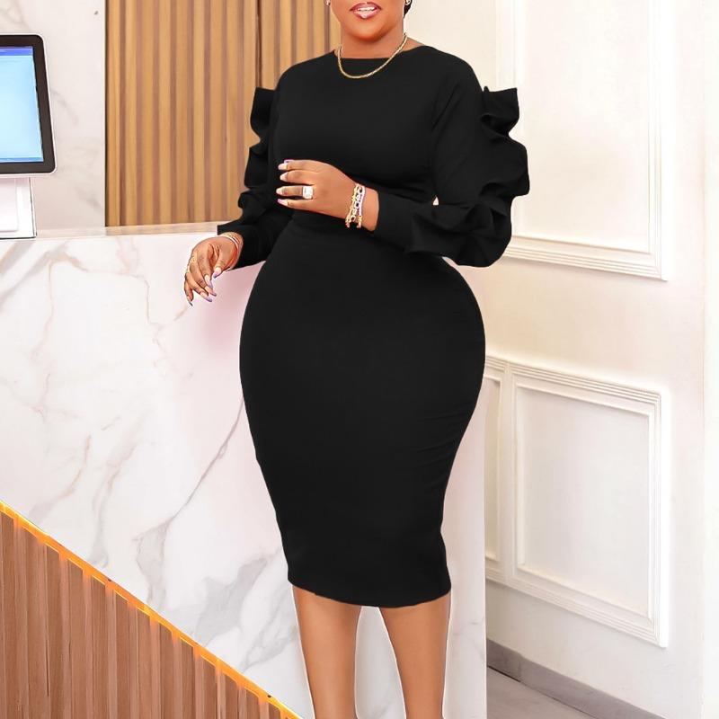 Plus Size Women Elegant Long Sleeve High Waist Solid Pencil Midi Dress