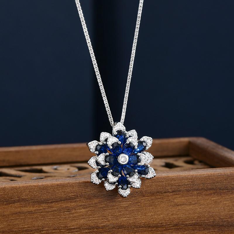 Faint blue flower retro collarbone chain female inlaid zirconia flower exquisite pendant simple style fashion necklace