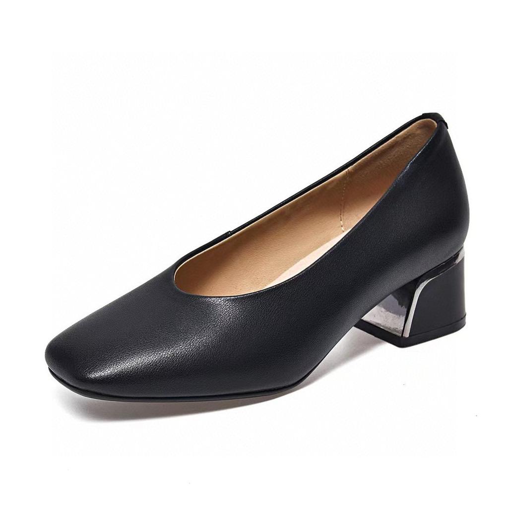 Spring and Summer Models Square Head Thick with Shallow Mouth Women's Shoes Head Cowhide Simple Temperament Work Shoes