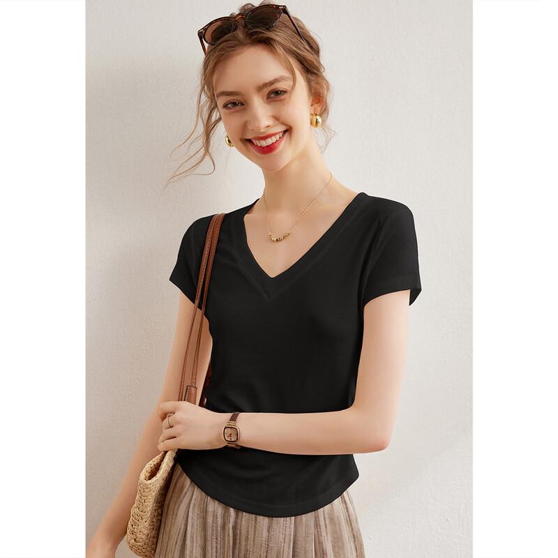 Bailuyu Women's Solid V-Neck Short Sleeve T-Shirt with Wool-Tencel Blend