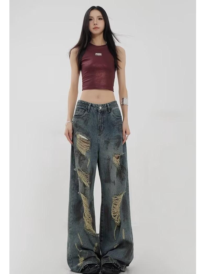 

Ретро джинсы с широкими штанинами с высокой посадкой в стиле пустоши с брызгами и рваностями для женщин - Осенний дизайн 5XL