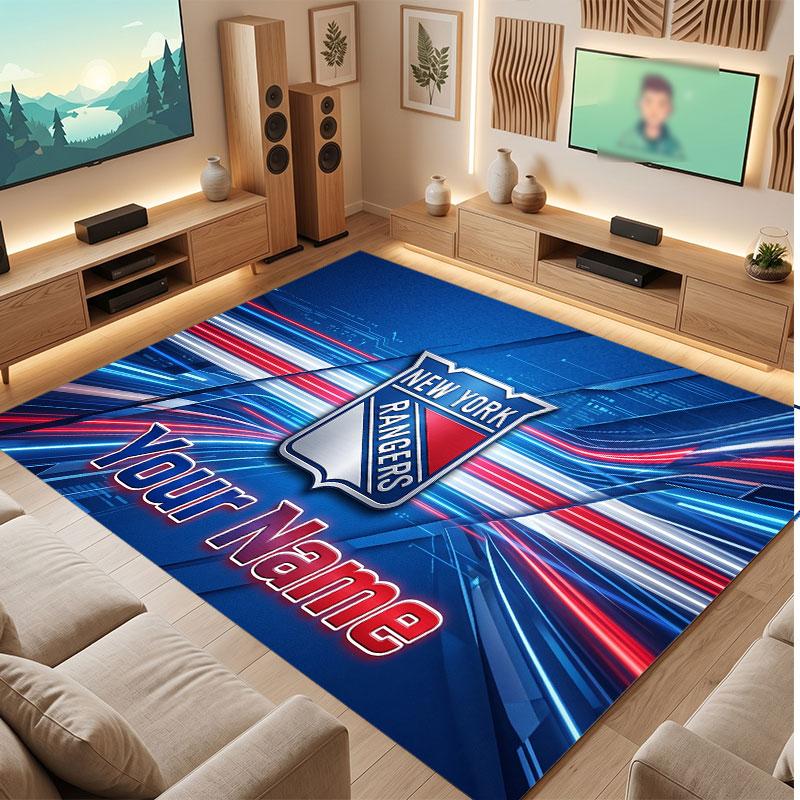 New York Rangers Personalisierter Kristall-Samtteppich, Benutzerdefinierter Name Text Weicher Anti-Rutsch-Teppich für Wohnzimmer Schlafzimmer