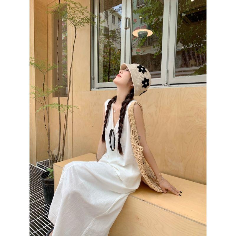 Kumikumi Sweet Style Simple V-neck Vest One Piece Dress Women Clothing Summer Temperament Slimming White A- Line Skirt Long Dress