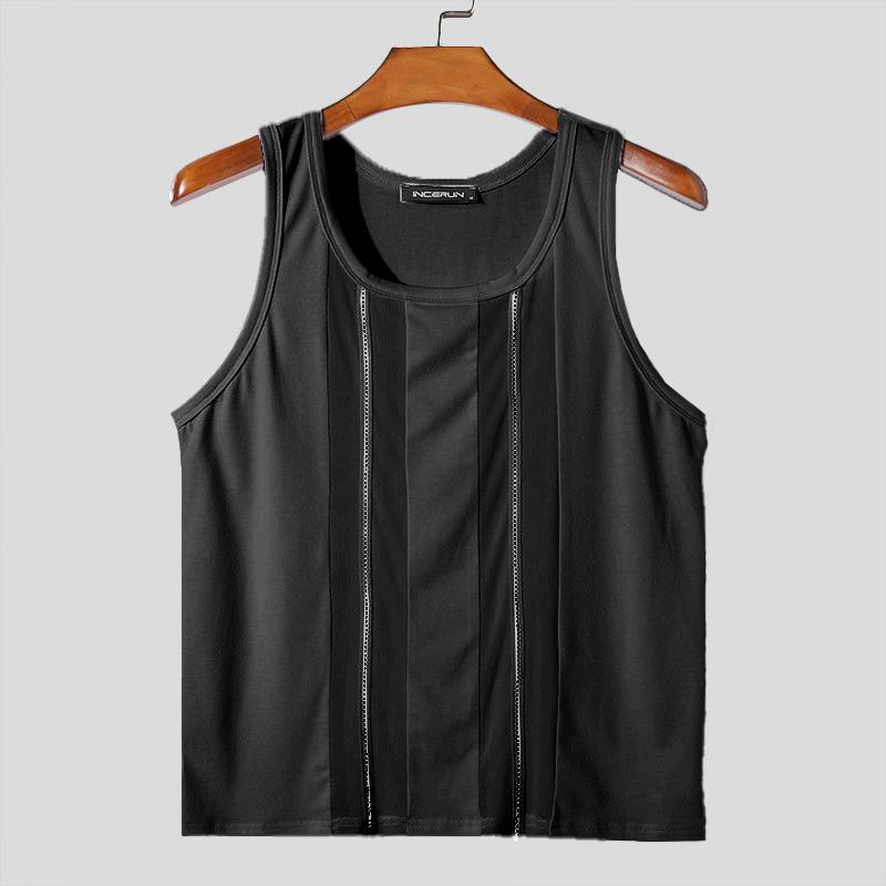 INCERUN Men Sleeveless Patchwork Mesh Sheer Tank Tops See Through Vest
