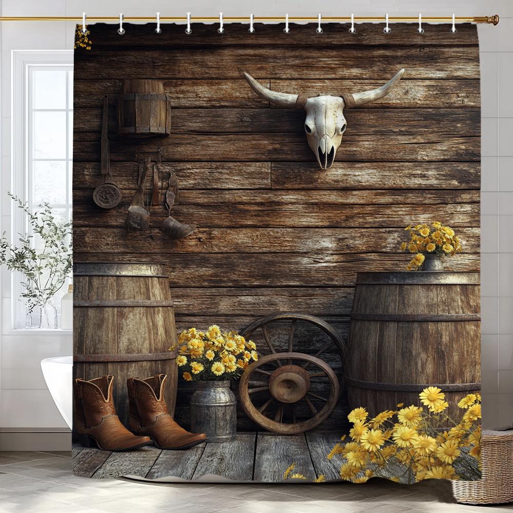 Flower Scenery Of Rural Farmhouse Shower Curtain, Bathroom Decorative Shower Curtain, Home Decorative Curtain With Hooks