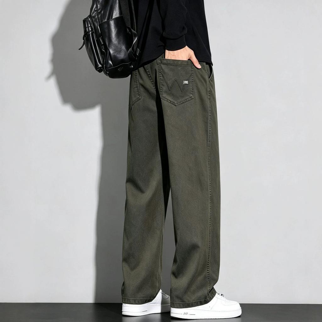 Autumn new four-season large-size army green imitation cow loose straight casual pants men's very light PANTS