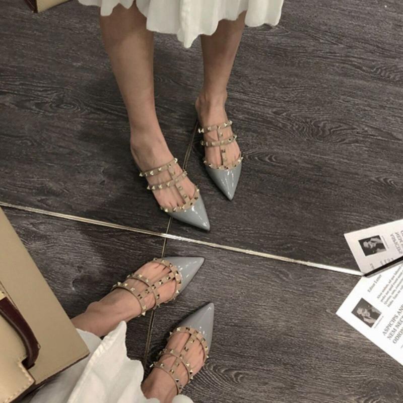 Premium sense rivet bag head half slippers women's spring and summer flat bottom outer wear patent leather pointed cold slippers