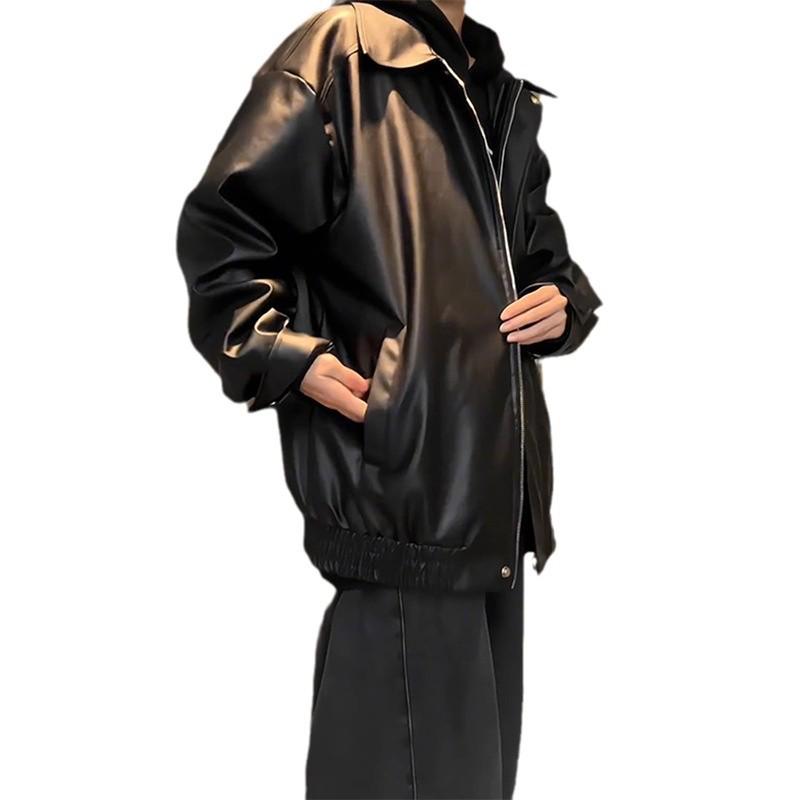 Men's High-End Black Leather Motorcycle Jacket, Perfect for Spring & Autumn, Handsome Loose-Fit Short Baseball Style.