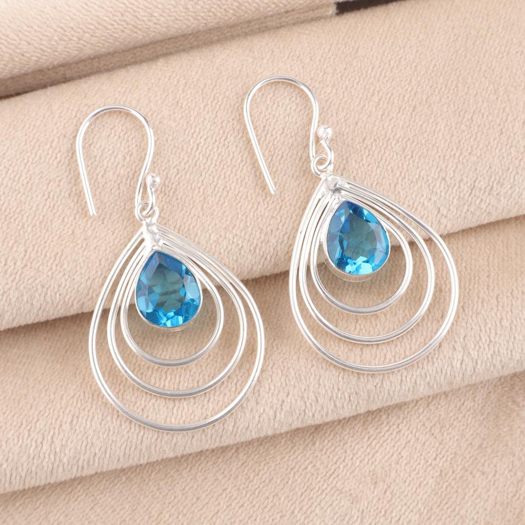 Natural Swiss Blue Topaz Gemstone 925 Sterling Silver Handcrafted Earrings 1.80" EE-31-2