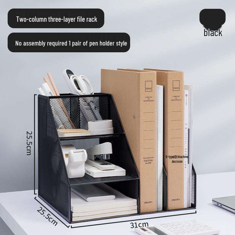 Wrought Iron Metal File & Pen Holder: Office File Rack & Bookshelf Organizer