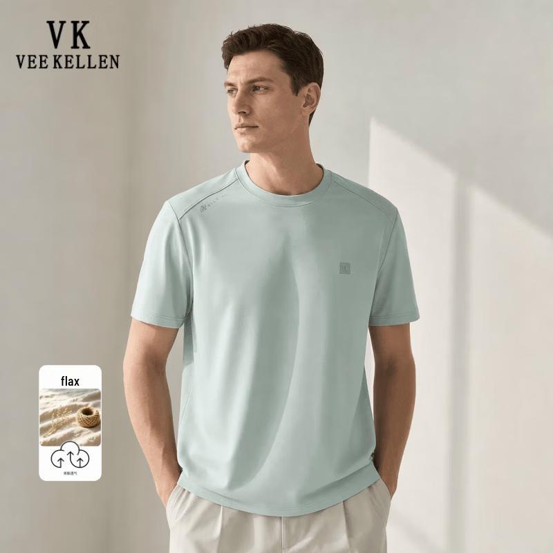 VEE KELLEN Men s Linen Blend Round Neck Short Sleeve T-Shirt 2XL светло-зеленый