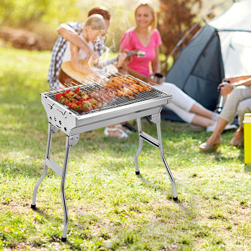 Outdoor Foldable Charcoal Grill Stainless Multi-Function BBQ Grill with Storage Basket Handle Free Assembly Camping Cooking Tool