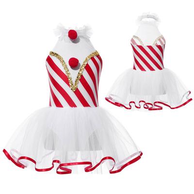 Girls Christmas Candy Cane Costume Halter Neck Sleeveless Tutu Dress Open Back Stripes Print Leotard Party Dance Outfit