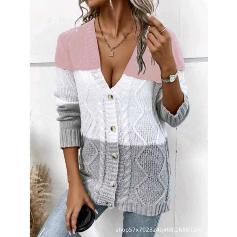 Women European American Lazy Style Striped V Neck Long Sleeve Knit Cardigan Sweater