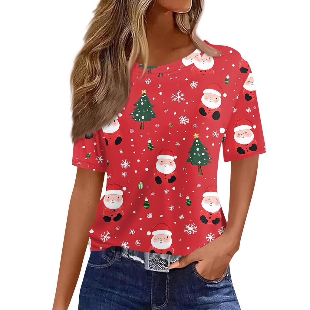 Women's Fashionable Casual Short Sleeve Christmas Print Round Neck Pullover Top