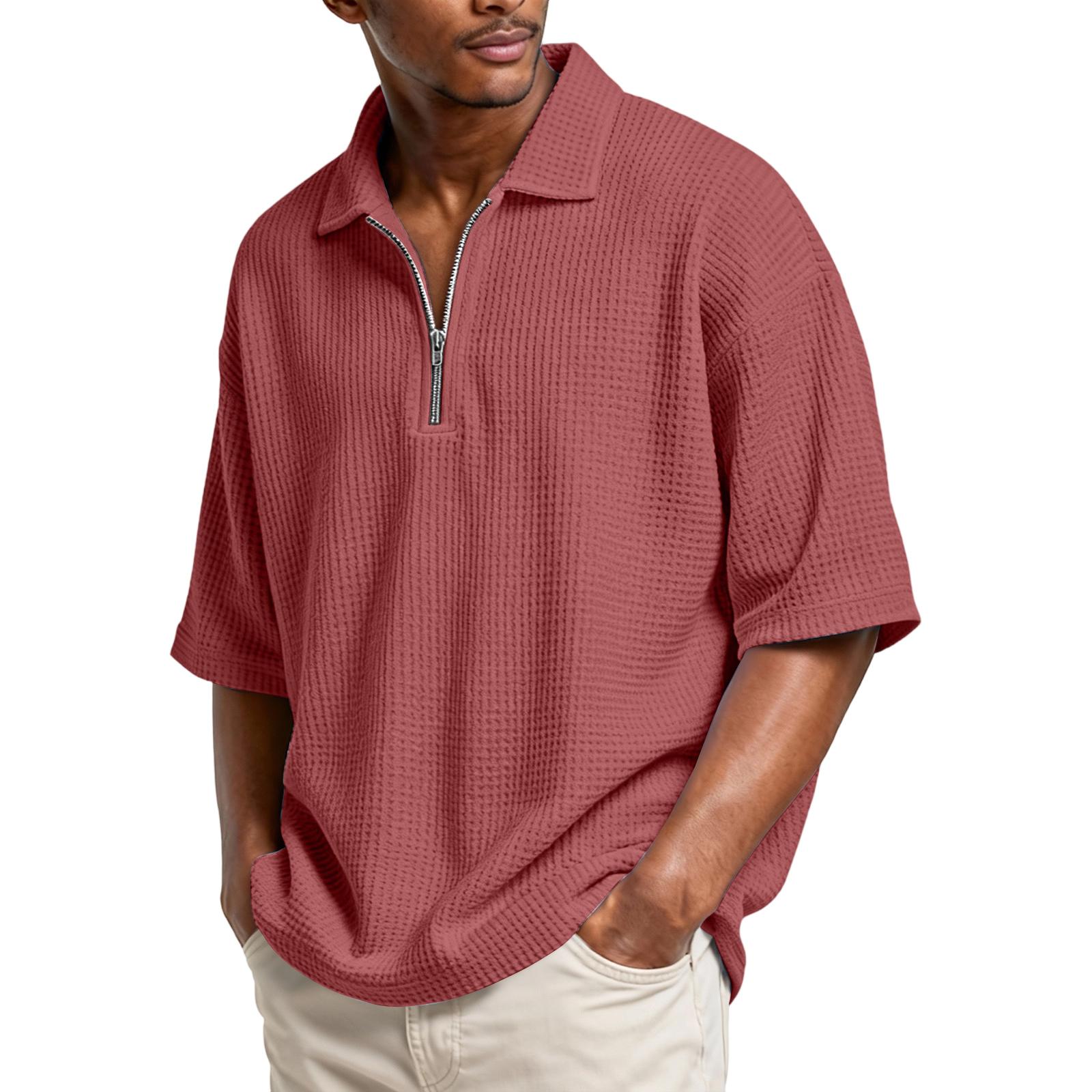 

Men s Basic Zipper Stand Collar Short-sleeved Shirt XL червоний